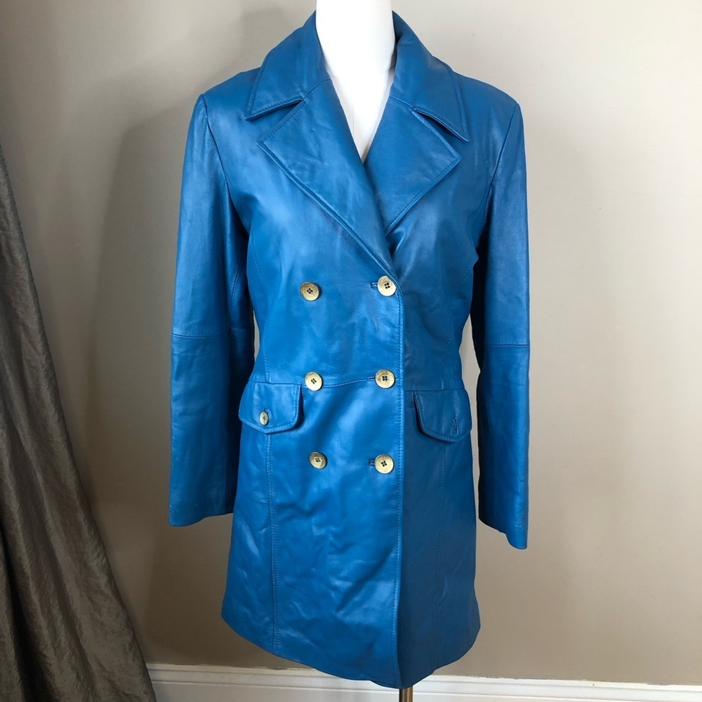 Vintage Blue Double breasted Leather Trench Jacket S